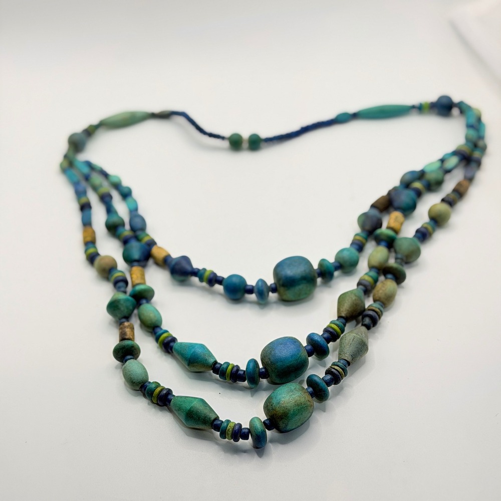 Vintage Multi Strand Wood Bead Necklace Blue Green Teal Boho Geometric Statement - Picture 8 of 16